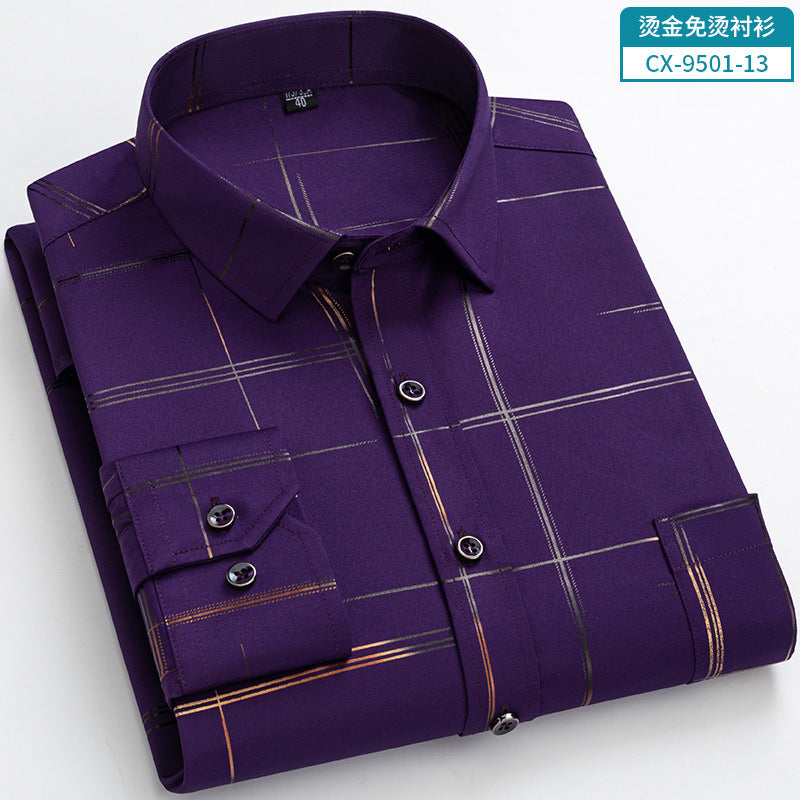 Gold-Embroidered Stretch Shirt – Non-Wrinkle Business Casual for Men