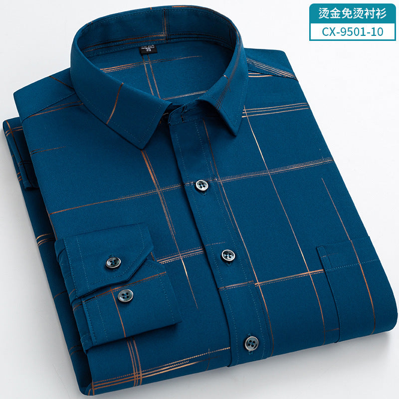 Gold-Embroidered Stretch Shirt – Non-Wrinkle Business Casual for Men