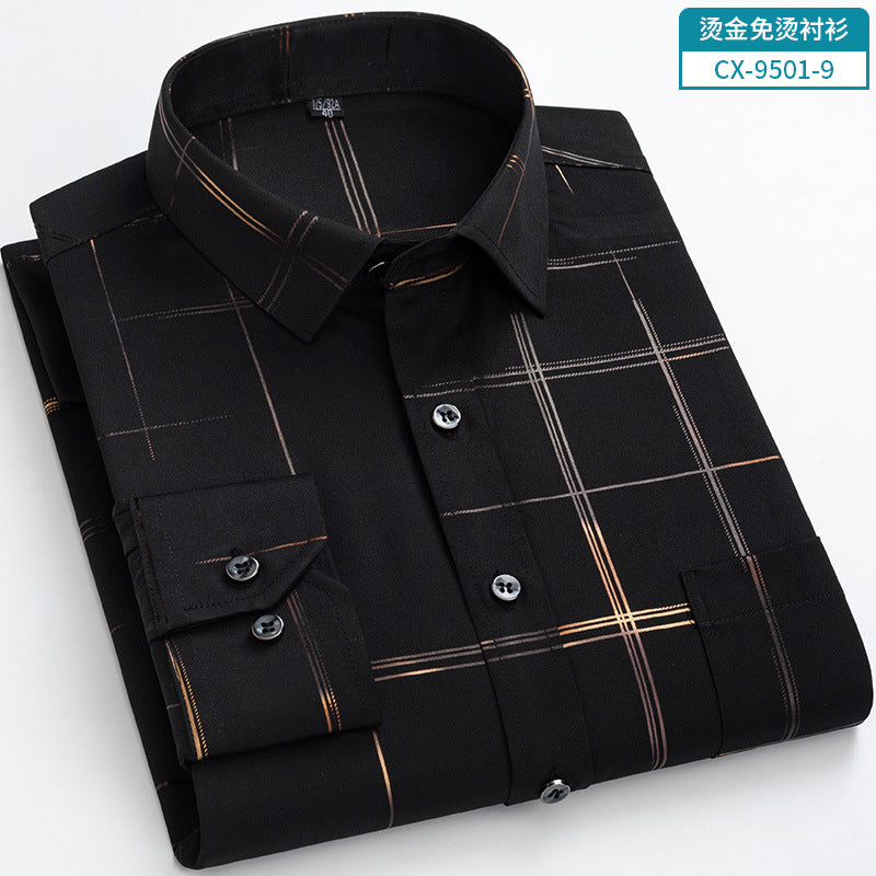 Gold-Embroidered Stretch Shirt – Non-Wrinkle Business Casual for Men