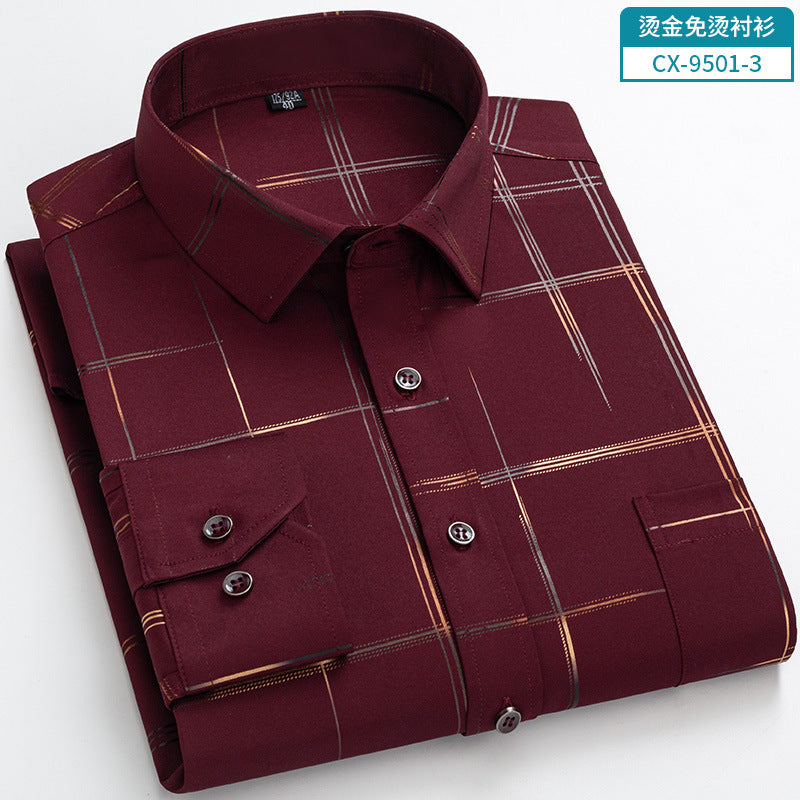 Gold-Embroidered Stretch Shirt – Non-Wrinkle Business Casual for Men