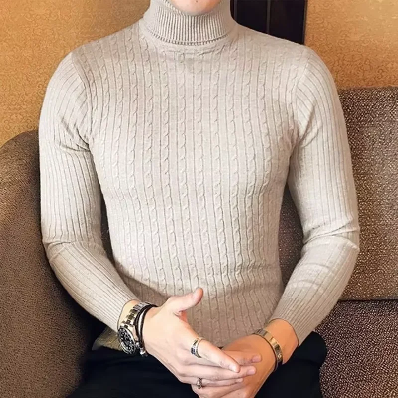 Double Collar Turtleneck Sweater – Thick Slim Fit Winter Knitwear for Men