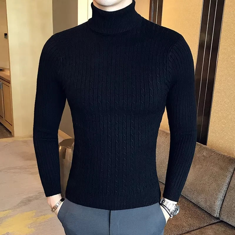 Double Collar Turtleneck Sweater – Thick Slim Fit Winter Knitwear for Men