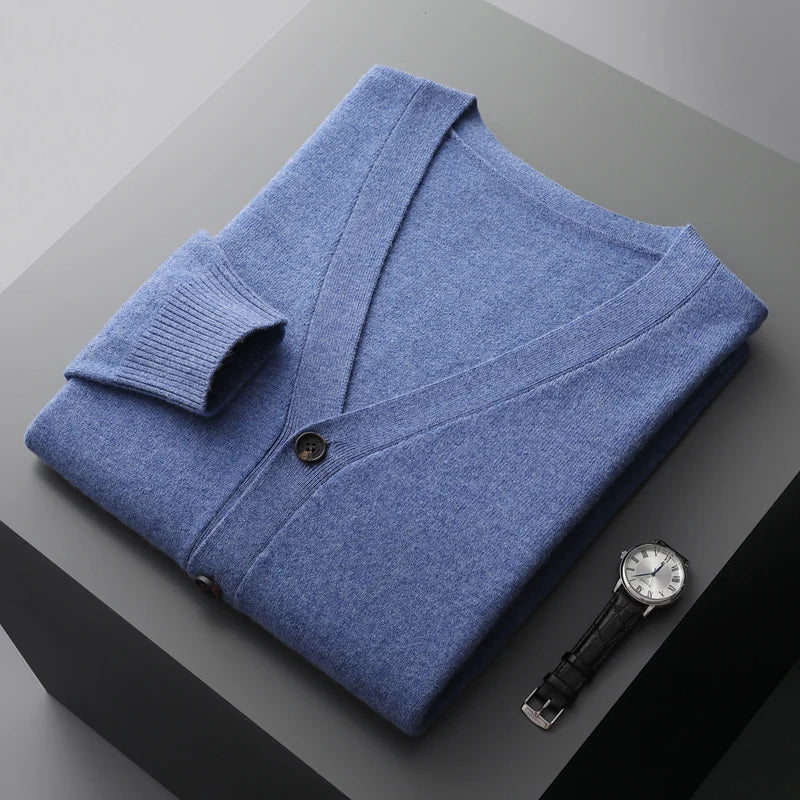 100% Pure Wool Cardigan – High-Quality Knitted Cashmere Sweater for Men