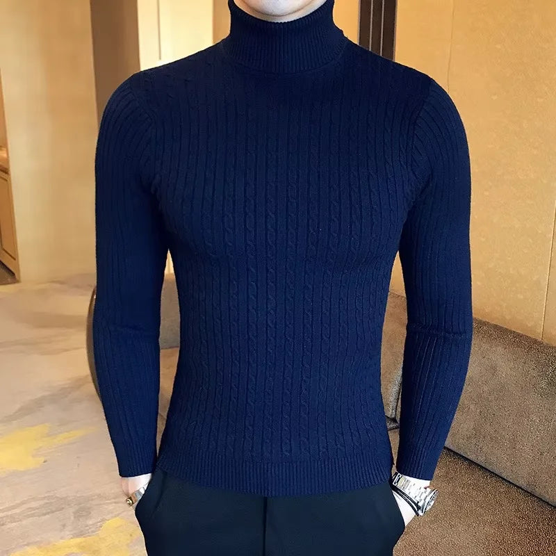 Double Collar Turtleneck Sweater – Thick Slim Fit Winter Knitwear for Men