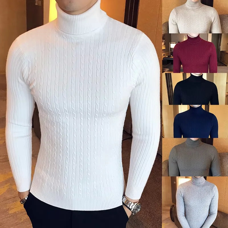 Double Collar Turtleneck Sweater – Thick Slim Fit Winter Knitwear for Men