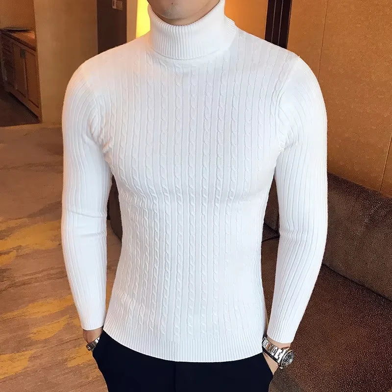 Double Collar Turtleneck Sweater – Thick Slim Fit Winter Knitwear for Men