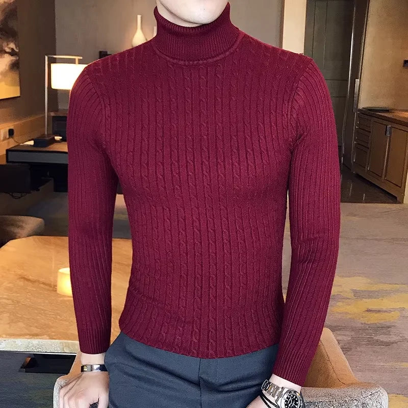 Double Collar Turtleneck Sweater – Thick Slim Fit Winter Knitwear for Men